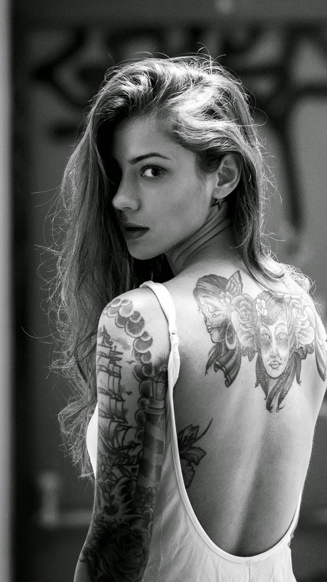 beautiful girl wallpaper,hair,shoulder,tattoo,arm,black and white