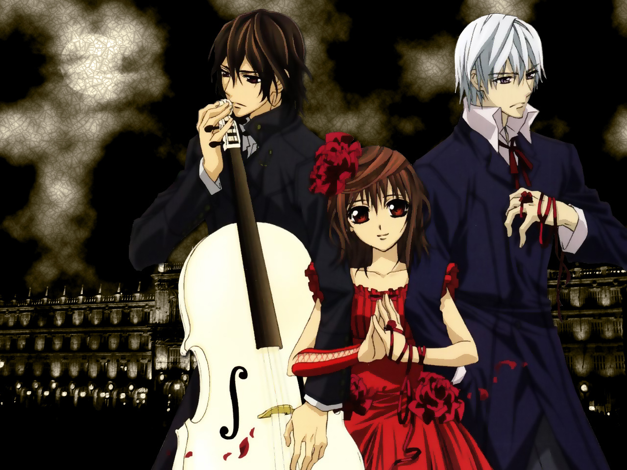 fond d'écran vampire knight,anime,instrument de musique,violon,cheveux noirs,guitare basse