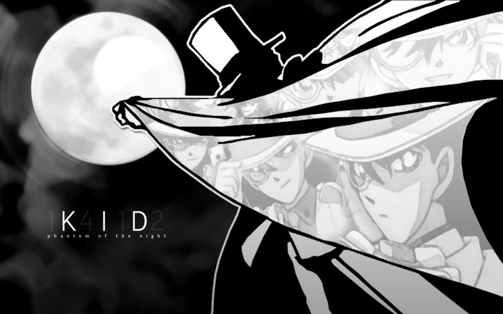 kaito kid wallpaper hd,black and white,monochrome photography,monochrome,cartoon,illustration