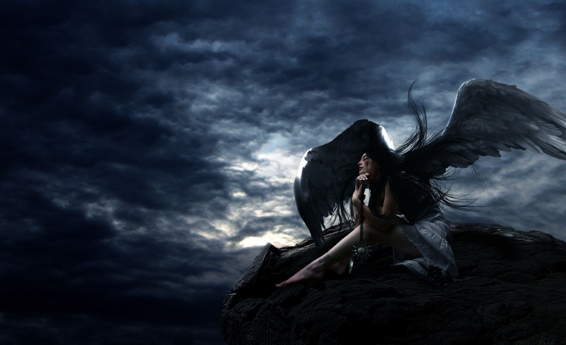 black angel wallpaper,sky,cg artwork,darkness,wing,fictional character