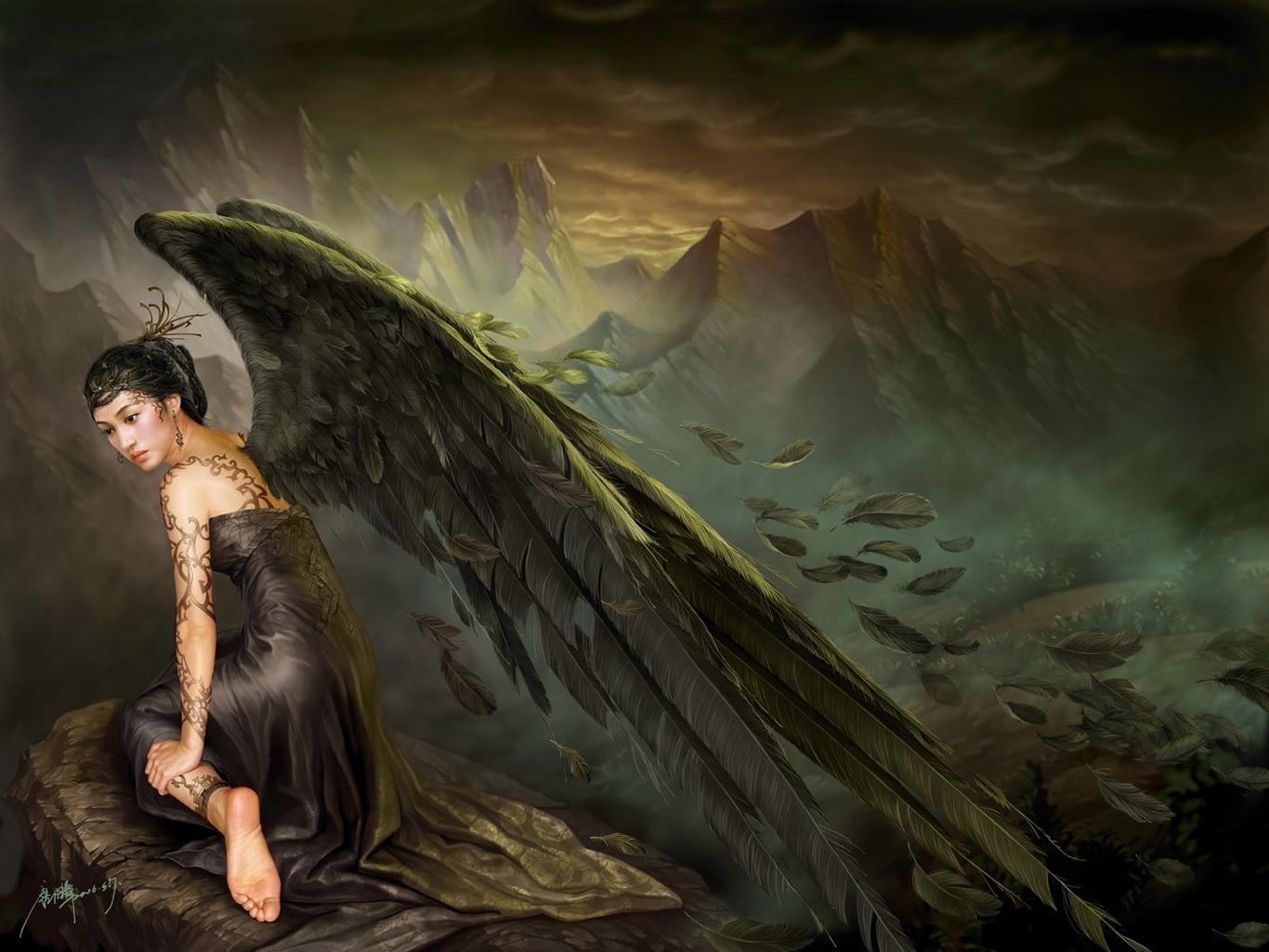 black angel wallpaper,cg artwork,mythology,fictional character,art,illustration