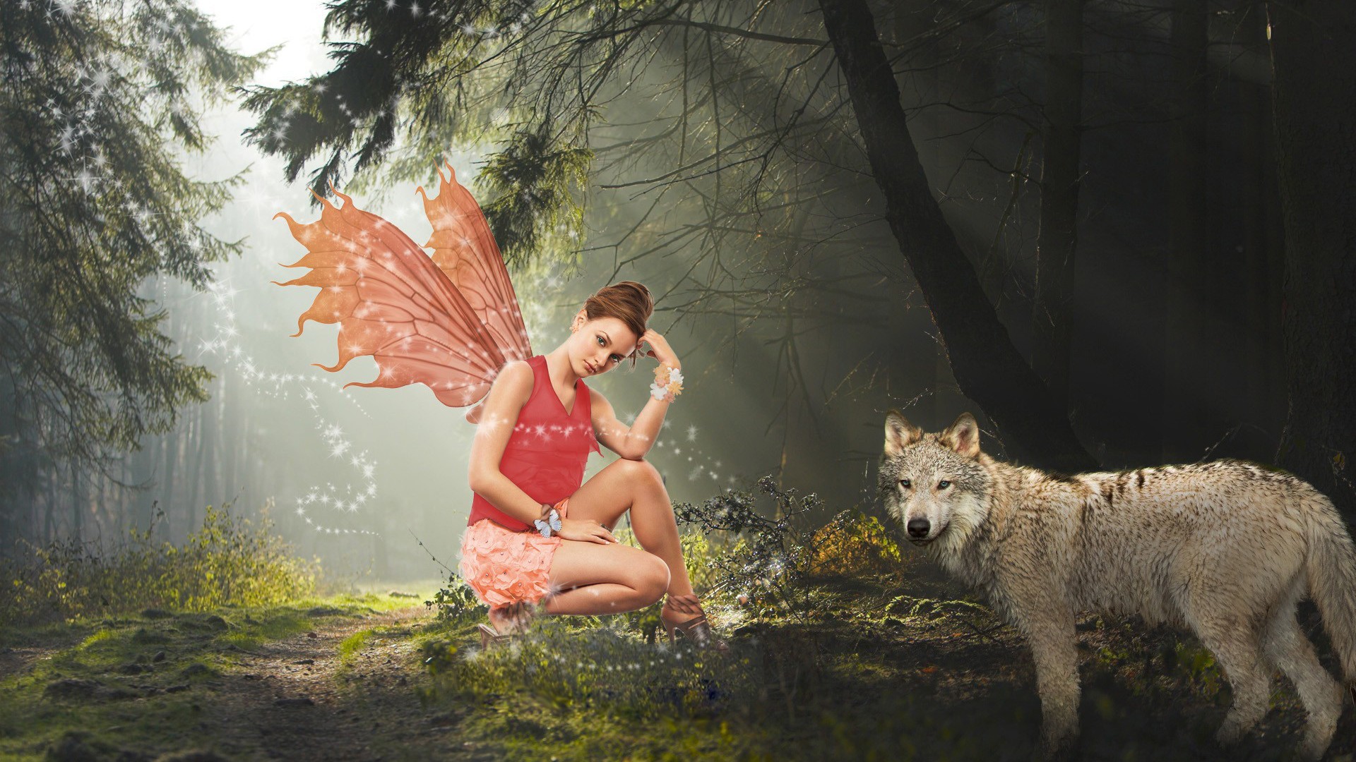 butterfly girl wallpaper,canidae,forest,tree,fictional character,carnivore