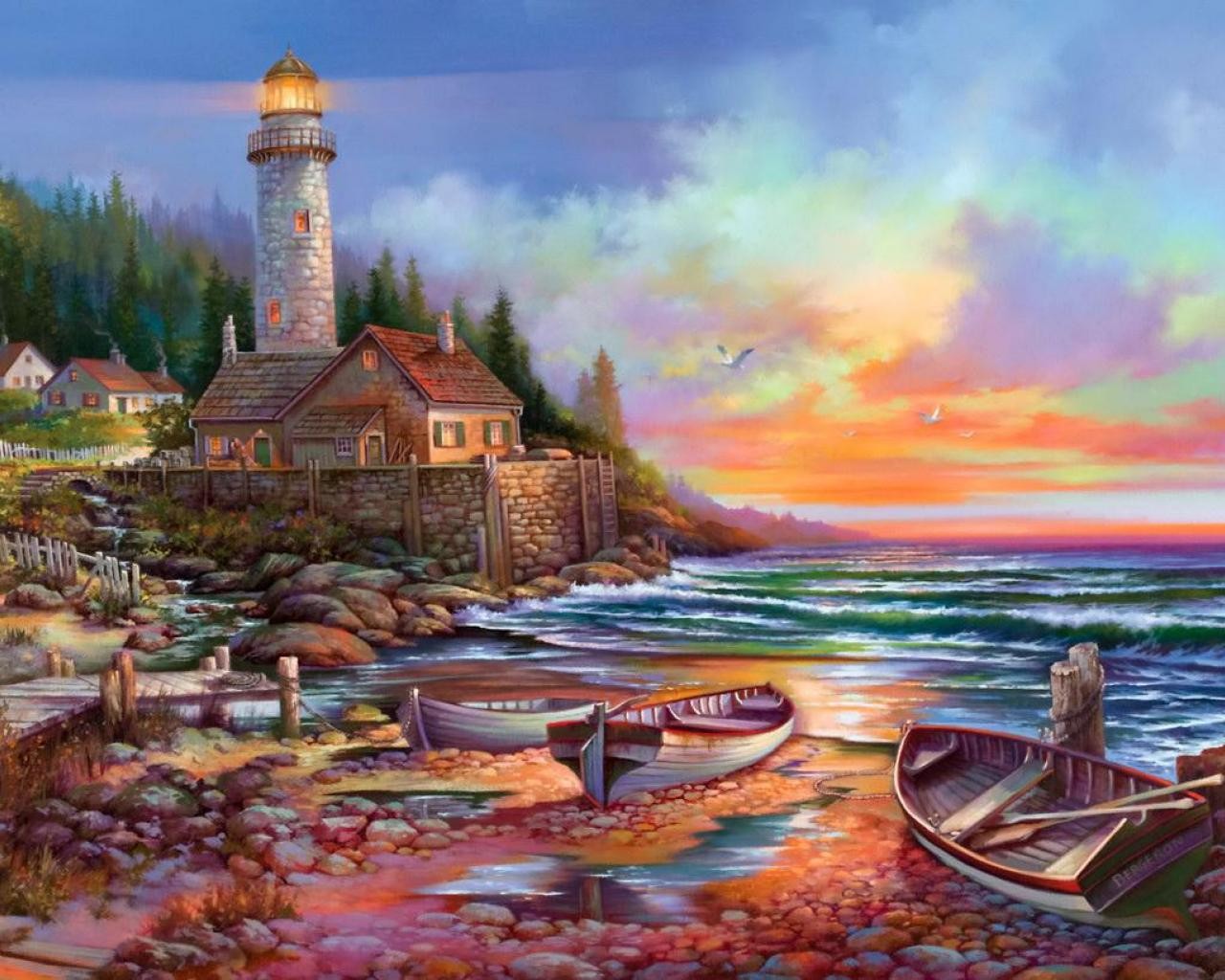 cool house wallpaper,natural landscape,tower,painting,lighthouse,sky