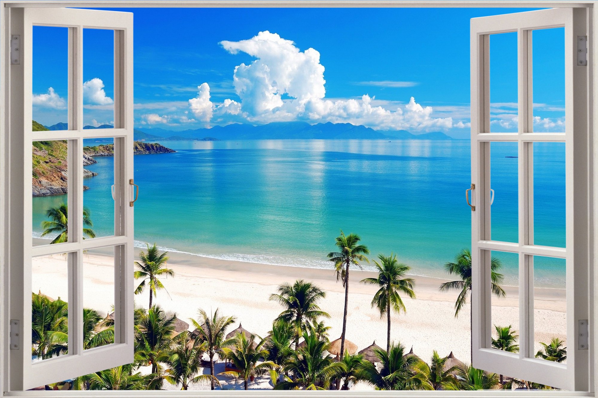 carta da parati con vista sulla spiaggia,proprietà,cielo,paesaggio naturale,murale,finestra