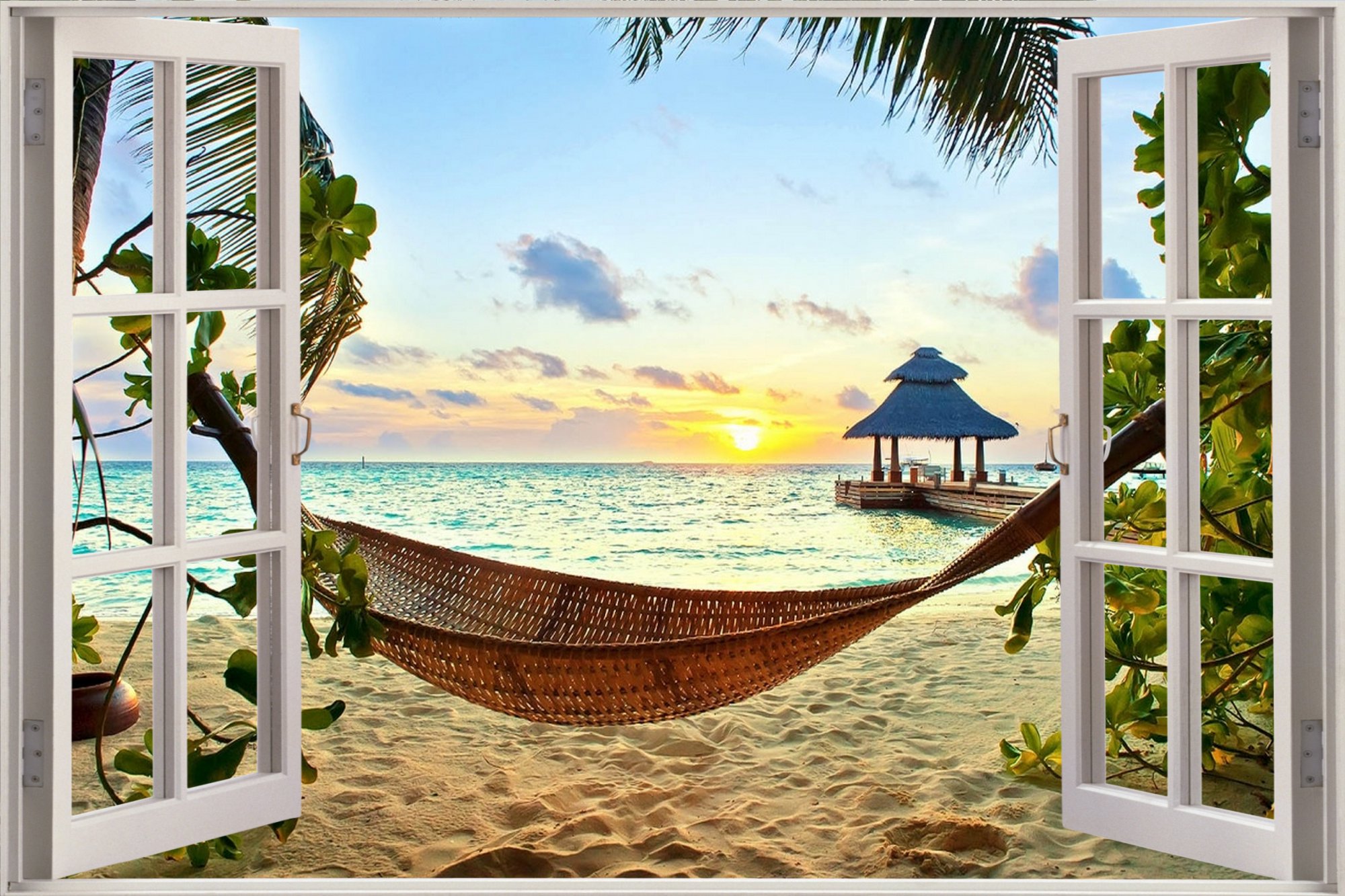 beach view wallpaper,property,hammock,sky,room,real estate