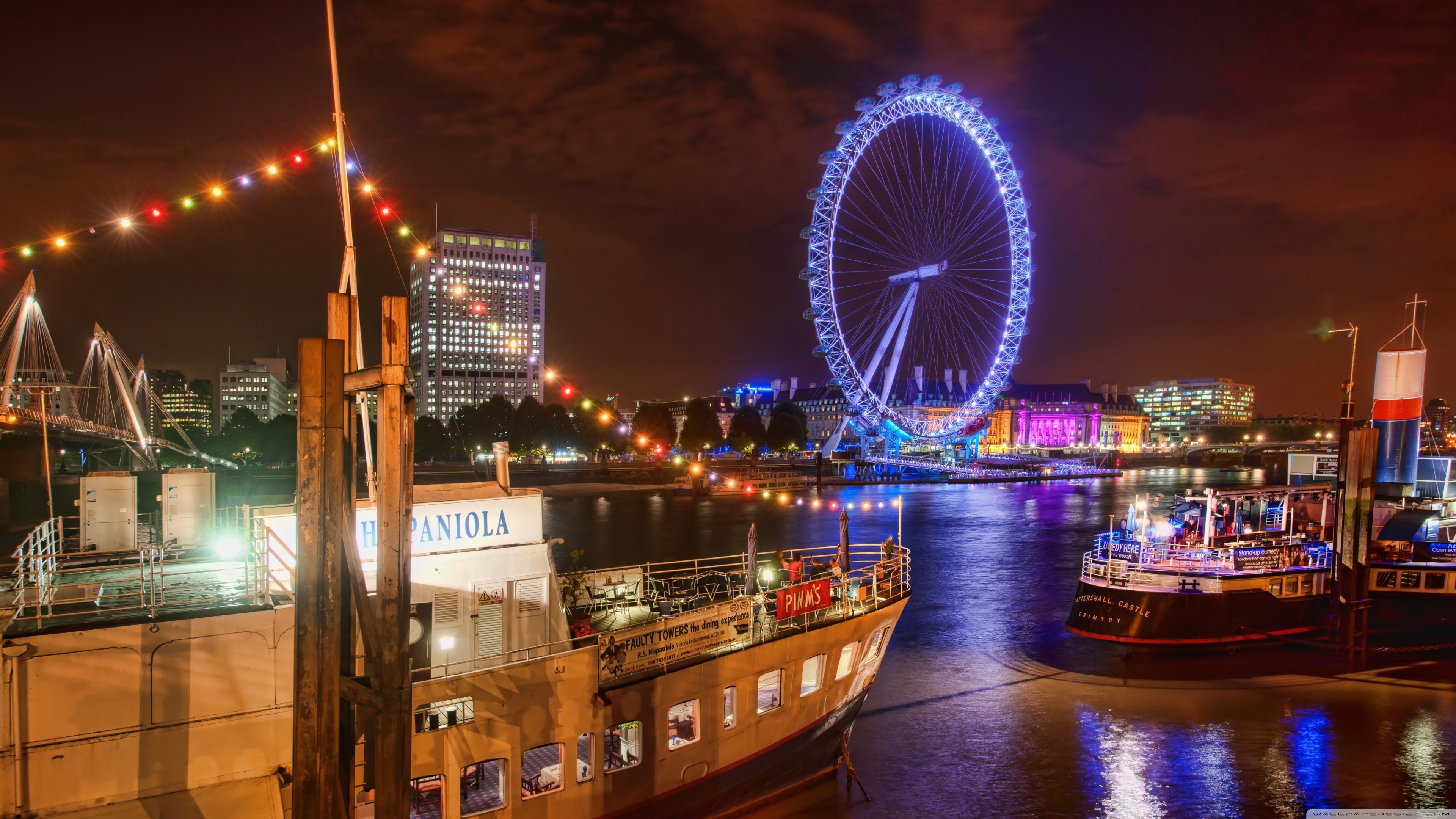 sfondo 4k hdr,ruota panoramica,notte,attrazione turistica,area metropolitana,città