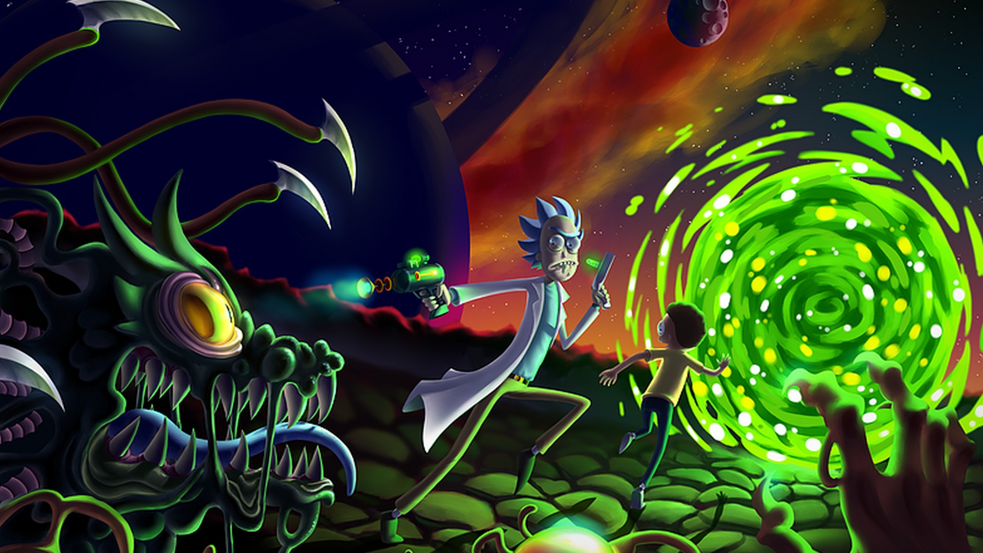 rick and morty wallpaper 1920x1080,illustration,art,organism,fictional character,graphic design