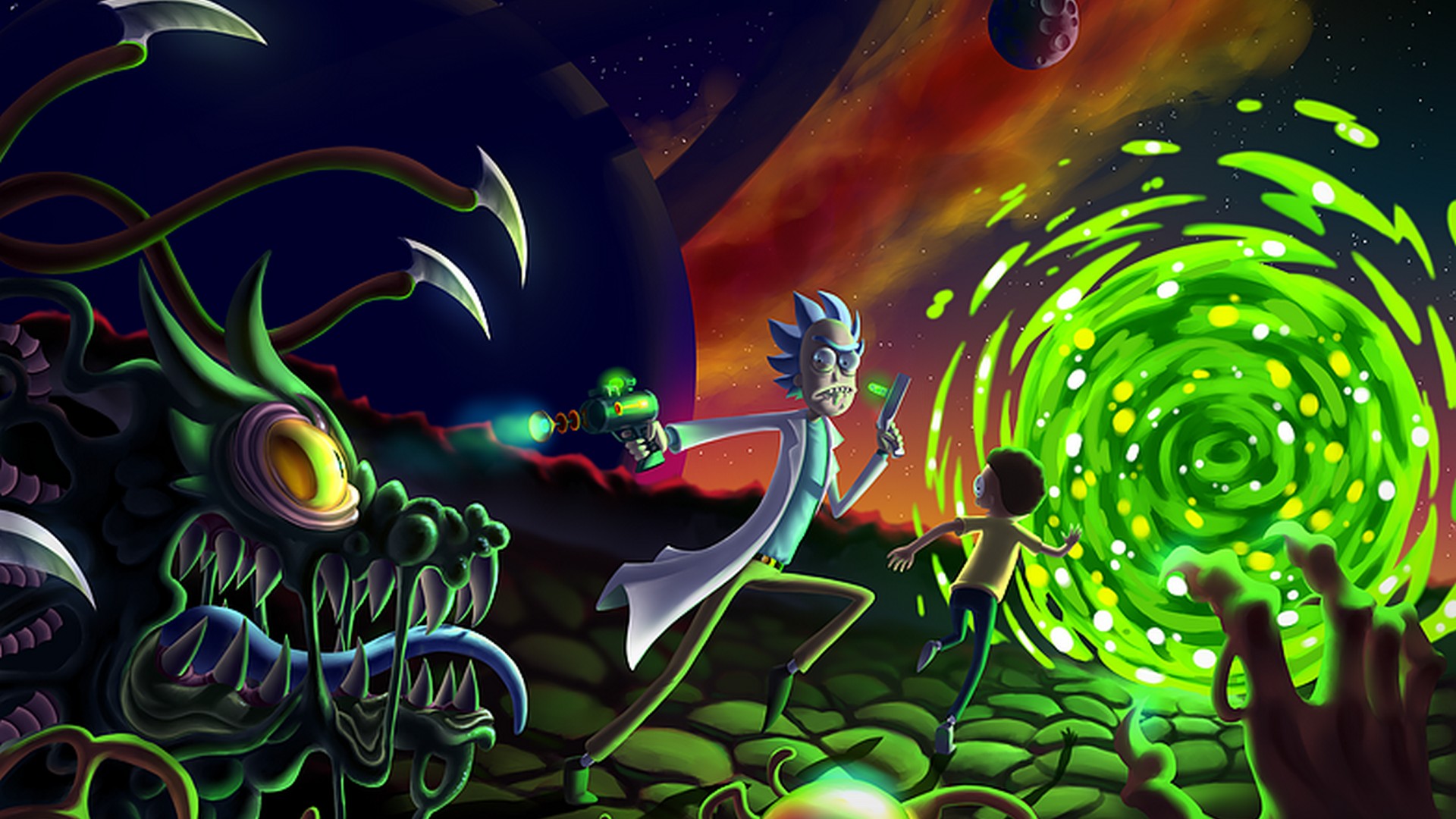 rick and morty tapete 1920x1080,illustration,kunst,erfundener charakter,grafikdesign,psychedelische kunst