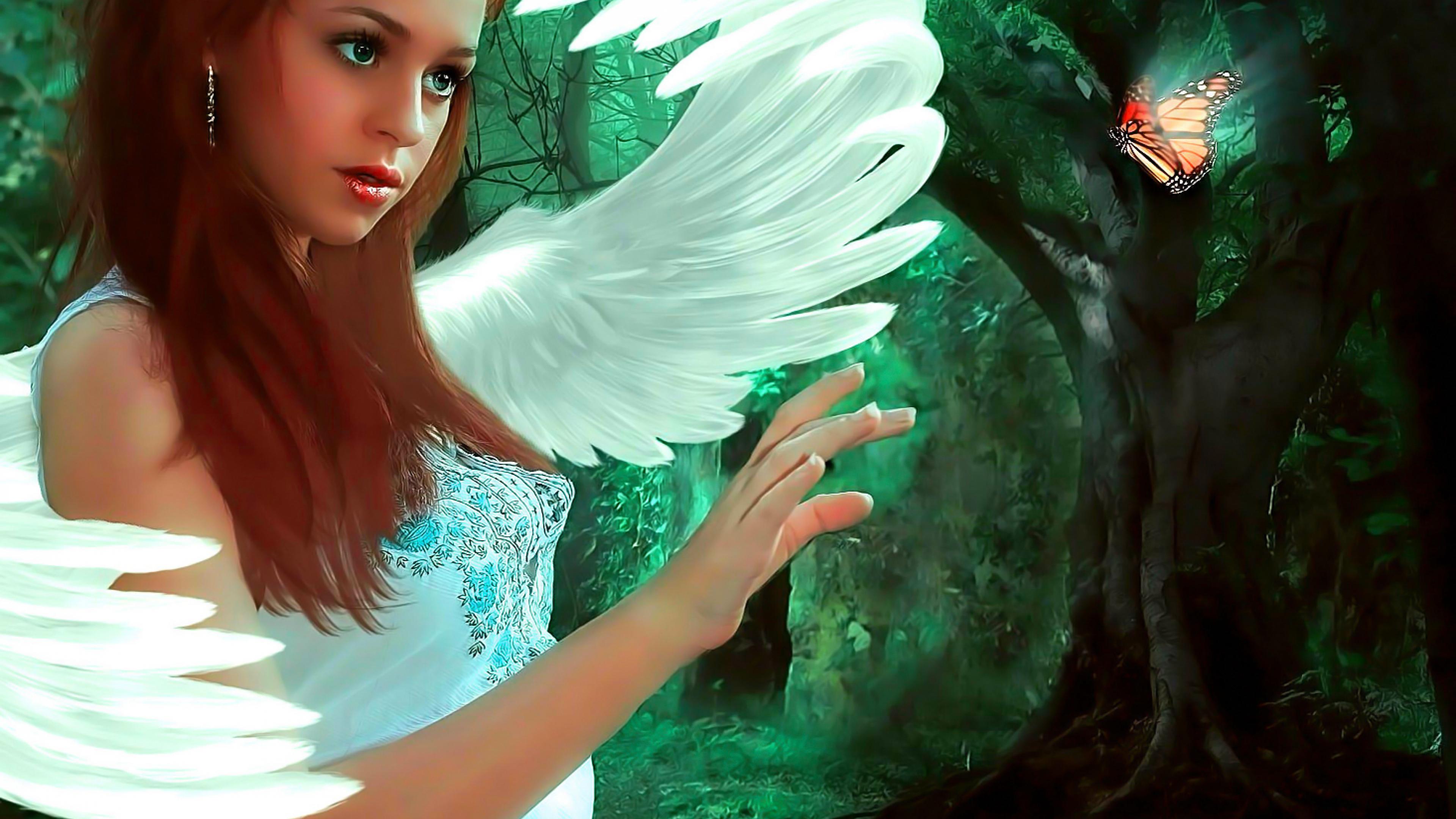fondo de pantalla ultra hd girl,cg artwork,verde,pluma,ala,ángel