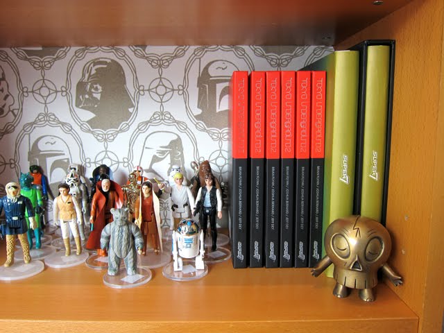 star wars wallpaper roll,shelf,shelving,toy,collection,bookcase