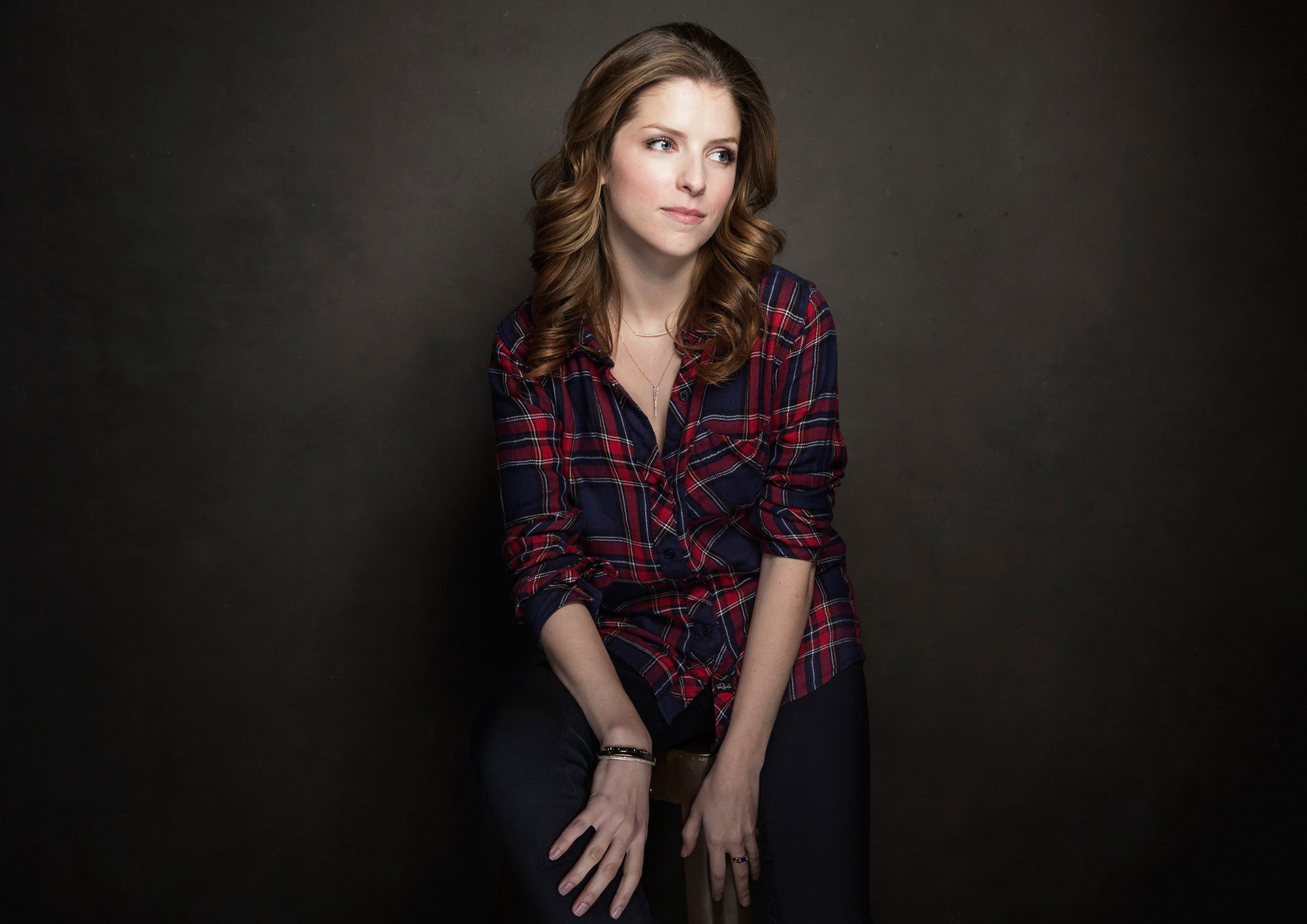 anna kendrick hd wallpaper,plaid,tartan,pattern,beauty,long hair