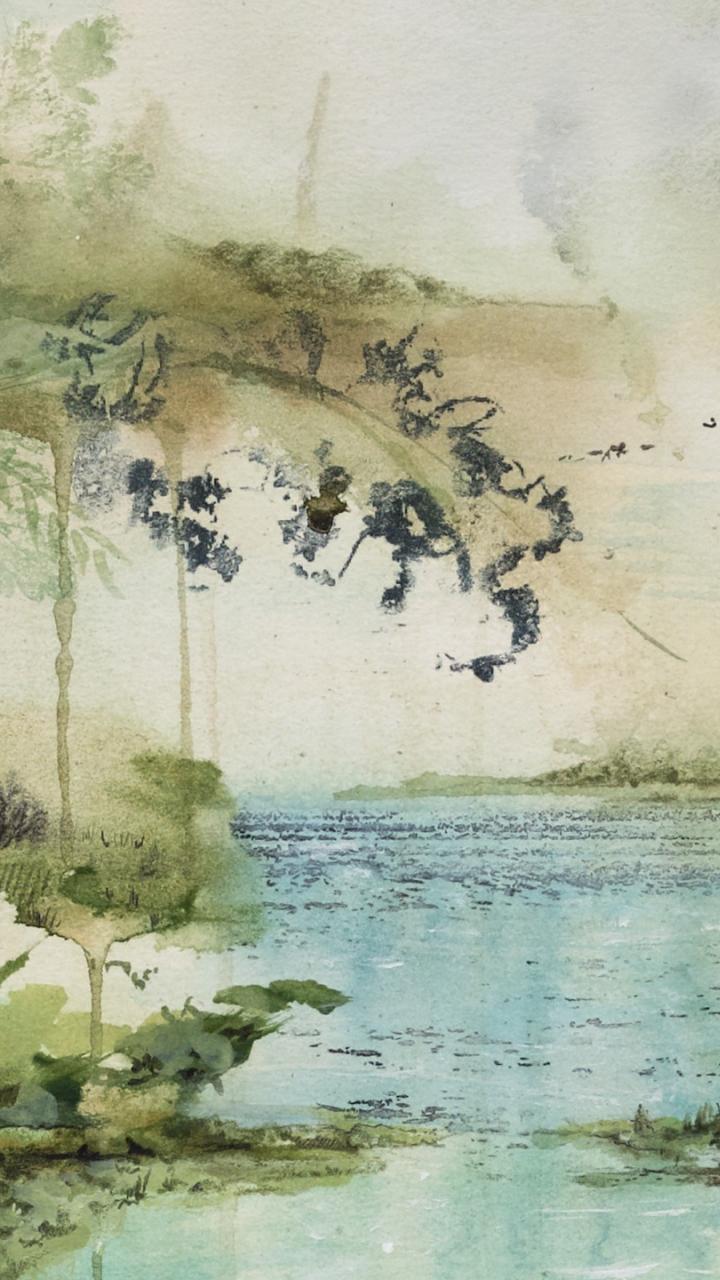 bon iver wallpaper,watercolor paint,painting,tree,bank,sky