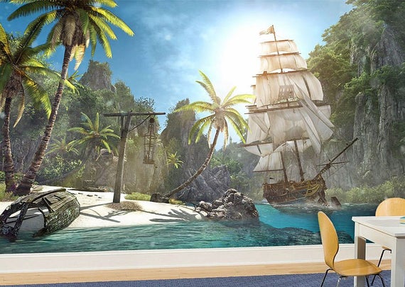 black flag wallpaper,natural landscape,wall,adventure game,caribbean,palm tree