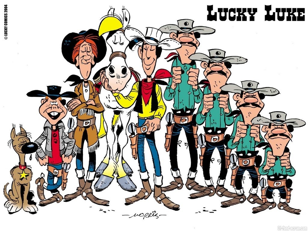 lucky luke fondo de pantalla,dibujos animados,personas,grupo social,ilustración,clipart