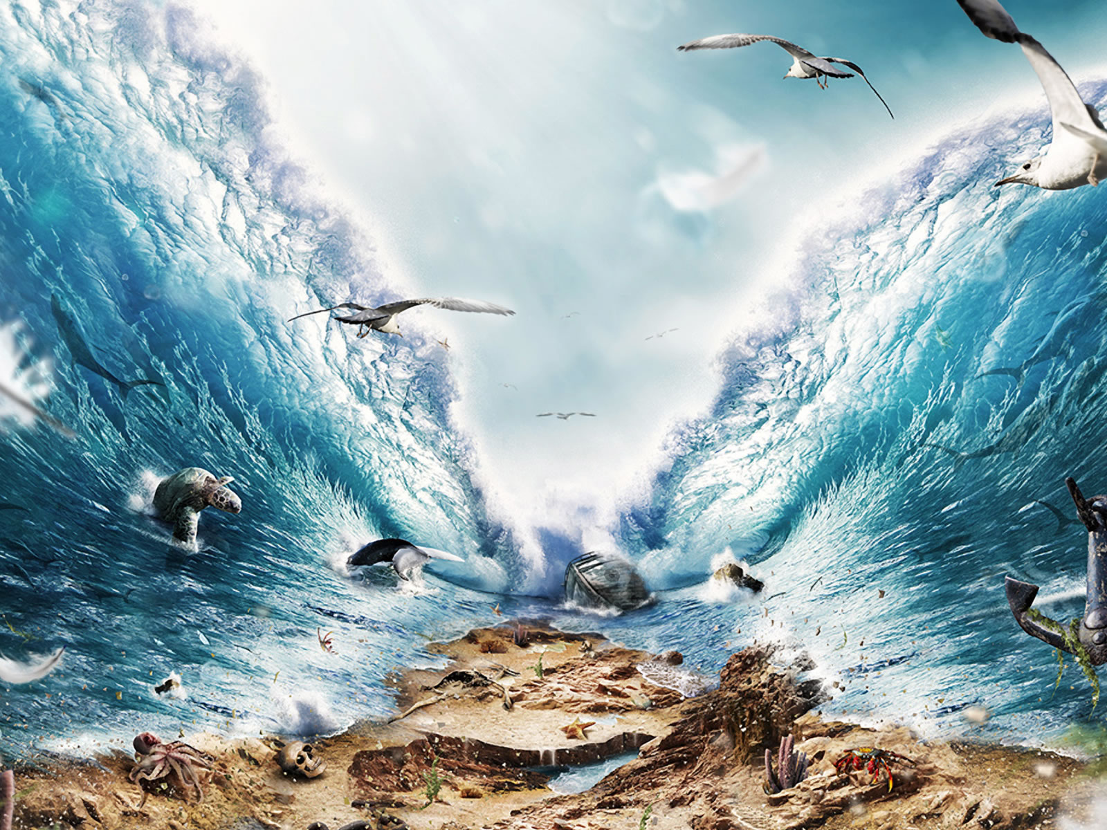 3d sea wallpaper,sky,seabird,wave,sea,ocean
