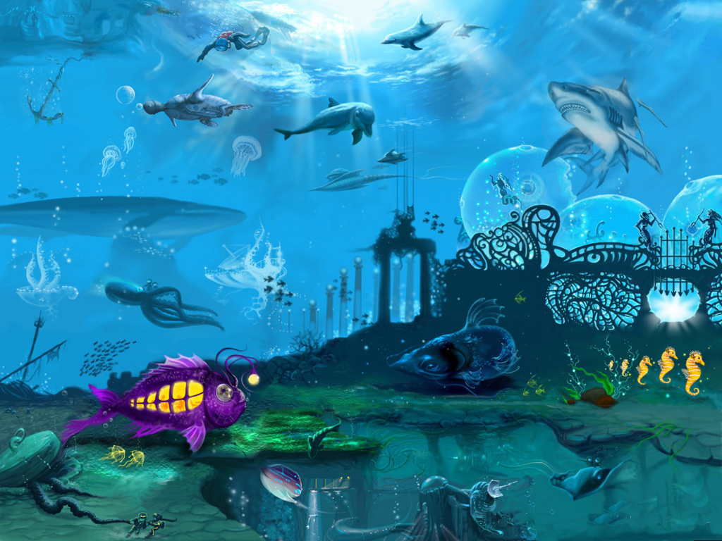 3d海の壁紙,海洋生物学,水中,魚,魚,ホホジロザメ