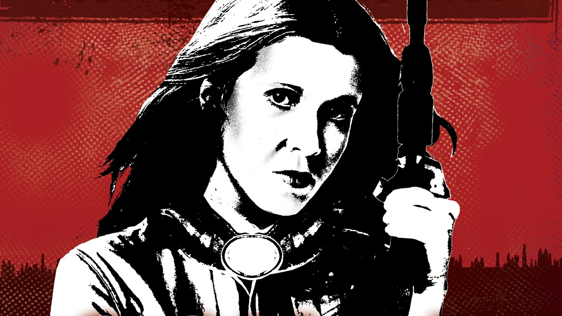 carrie fisher wallpaper,album cover,black hair,graphic design,illustration,black and white