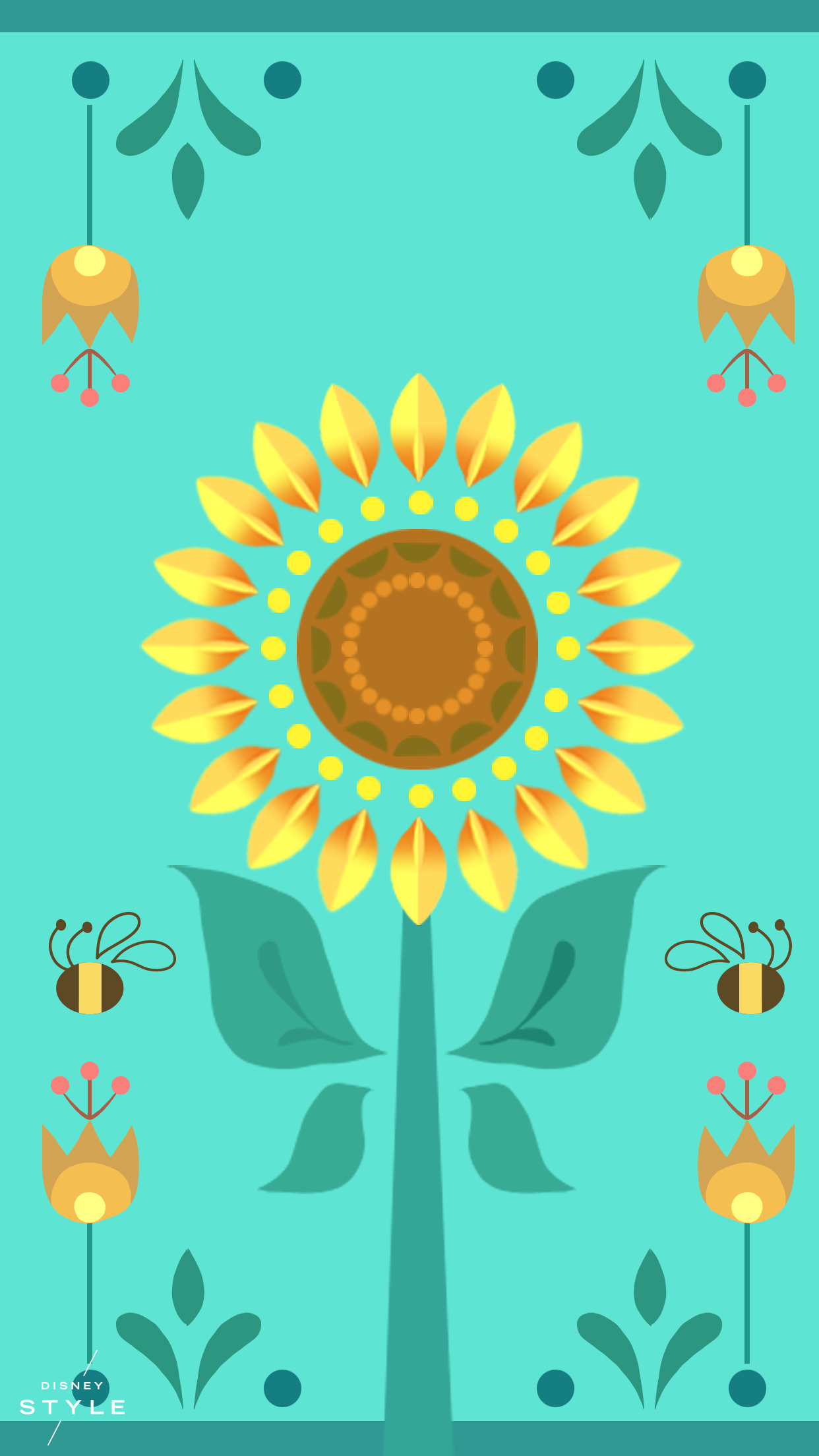 carta da parati stile disney,girasole,giallo,girasole,turchese,fiore