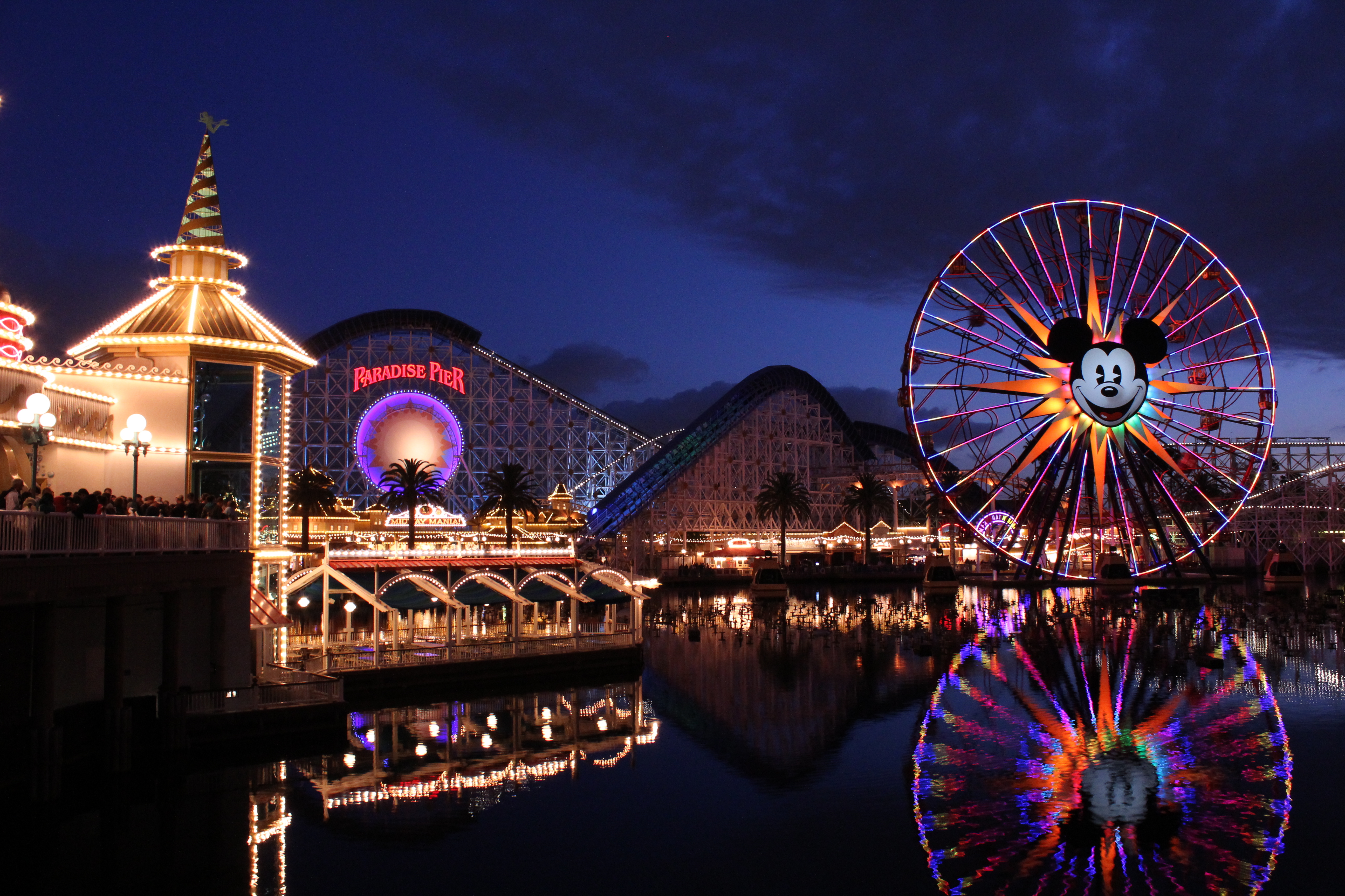 disneyland wallpaper hd,ruota panoramica,notte,attrazione turistica,riflessione,leggero