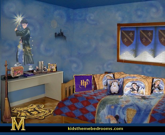 harry potter themed wallpaper,room,blue,bedroom,wall,furniture