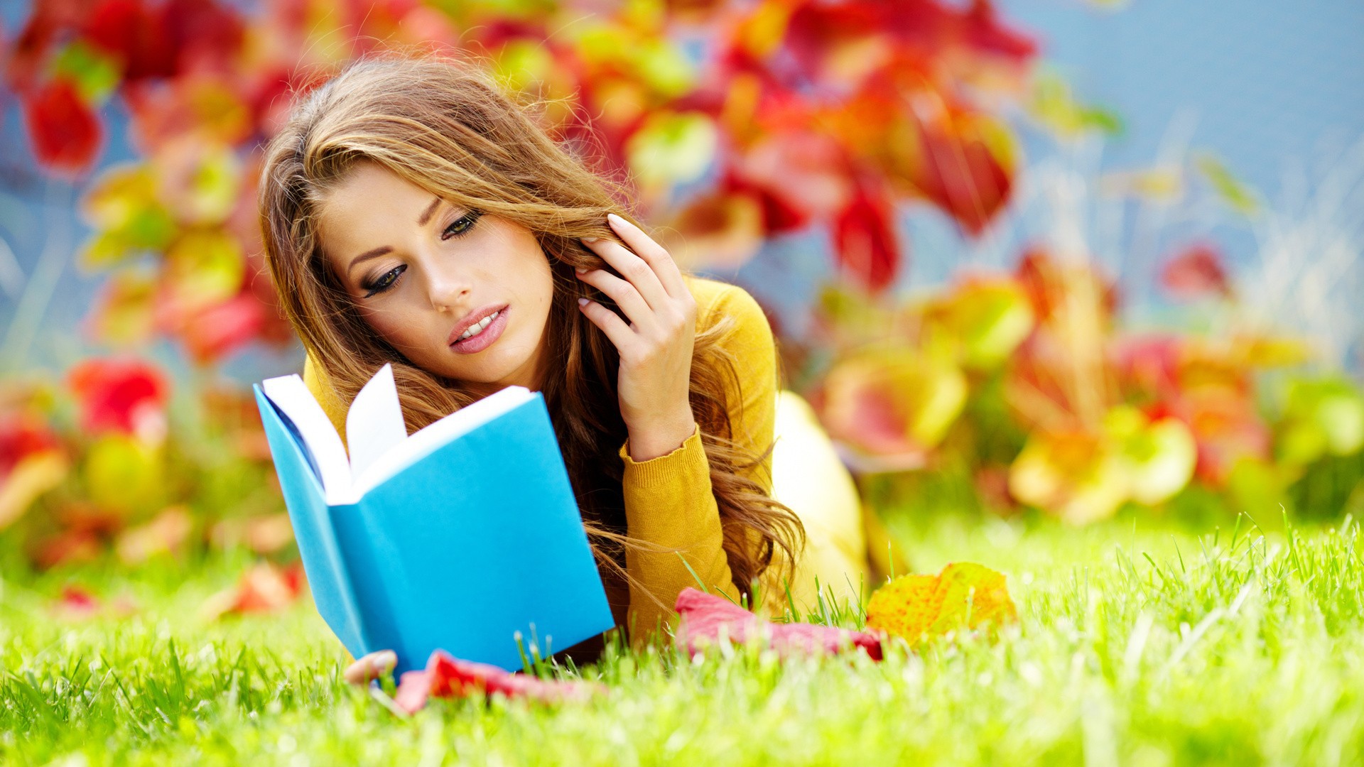 girl reading book wallpapers,people in nature,beauty,grass,spring,happy