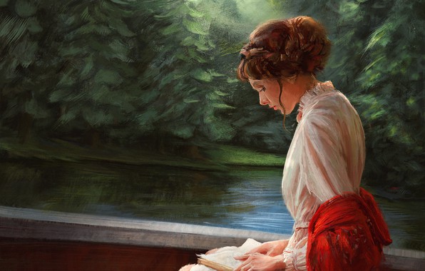 girl reading book wallpapers,painting,water,adaptation,sitting,photography