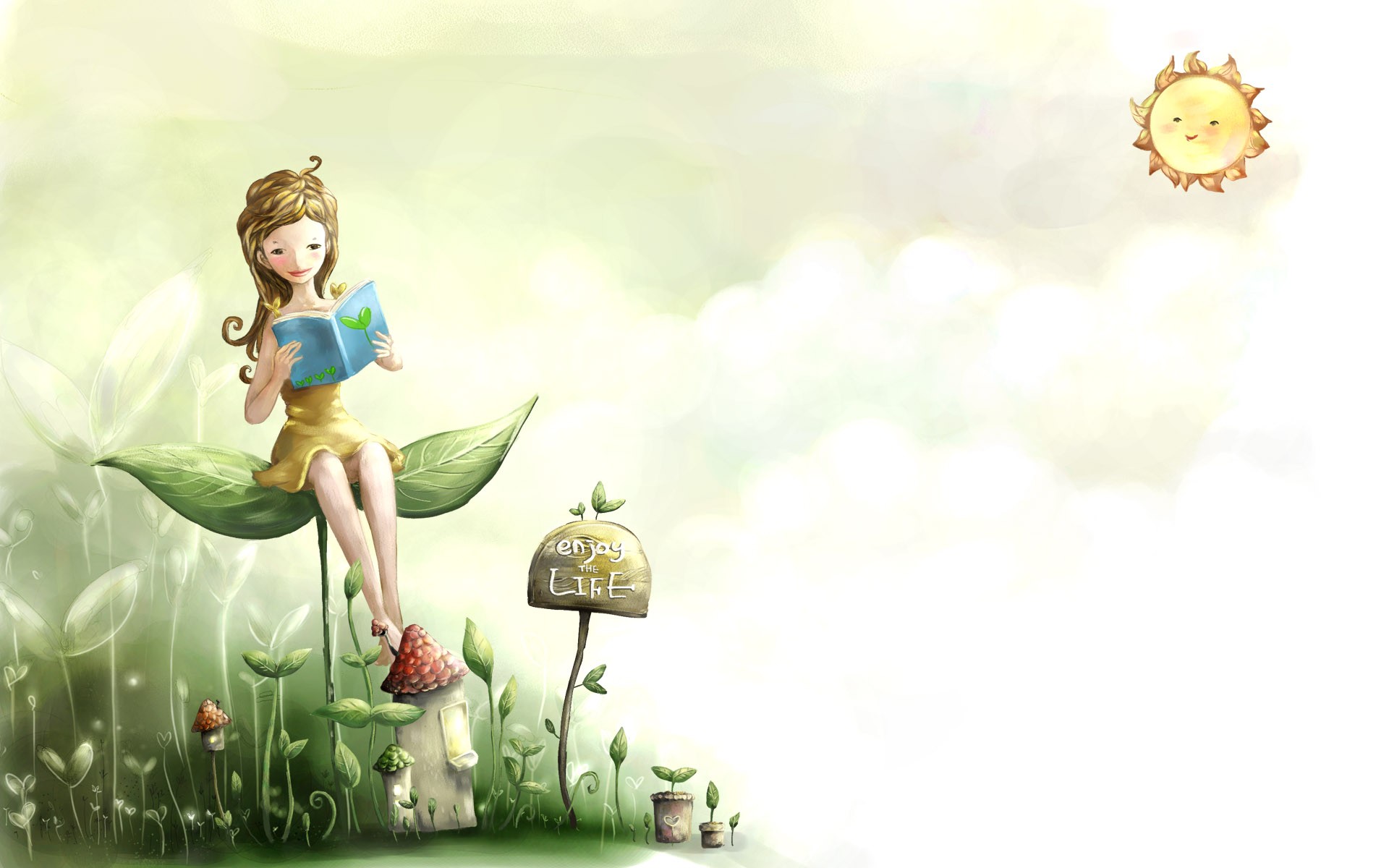 girl reading book wallpapers,people in nature,illustration,cartoon,fictional character,plant