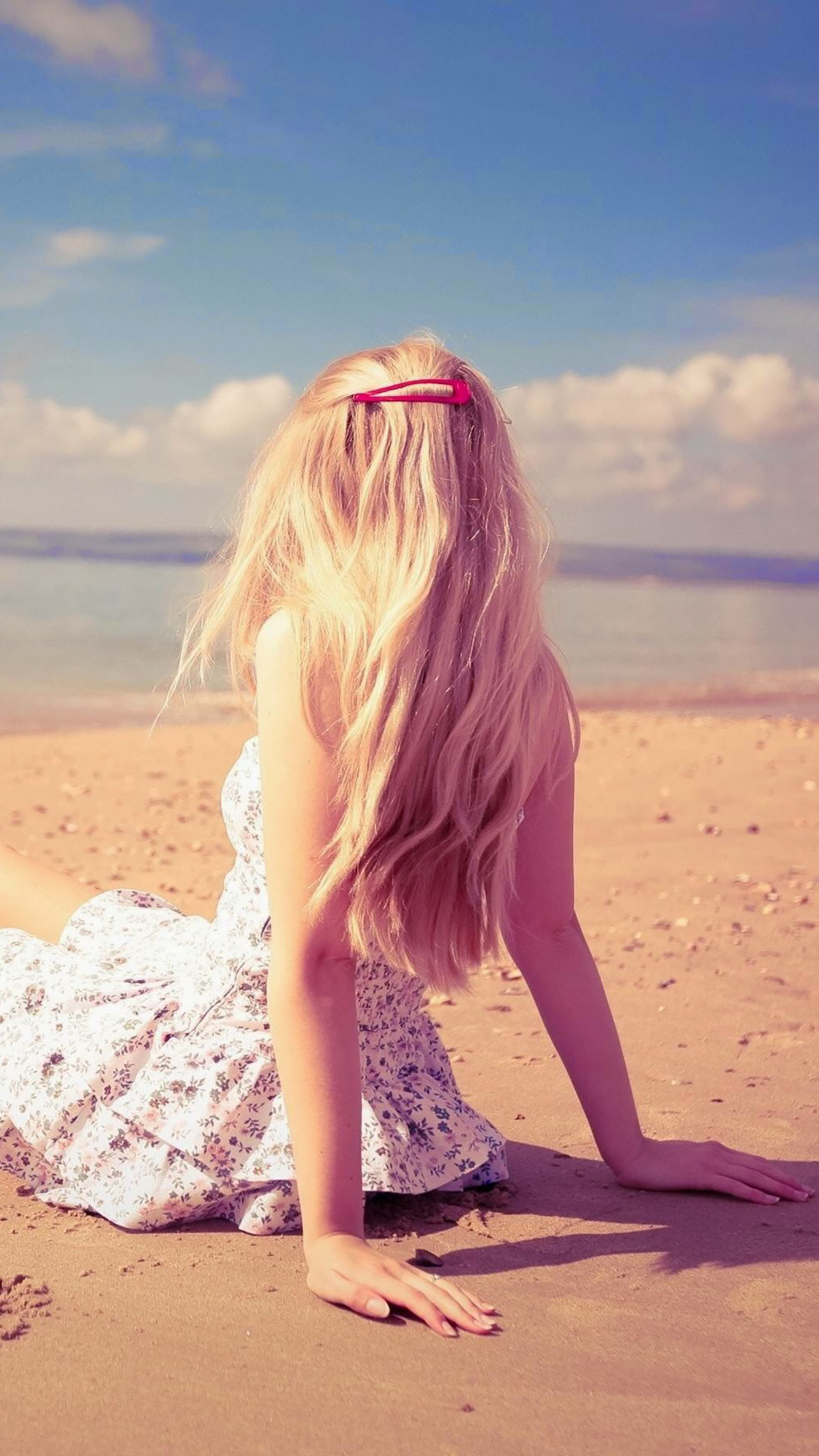 해변 소녀 벽지,금발,아름다움,분홍,햇빛,여름