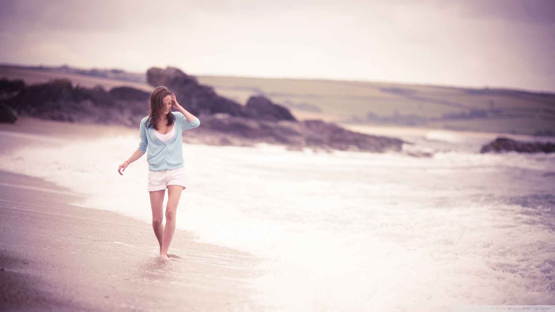 해변 소녀 벽지,사진,하늘,분홍,바다,아름다움