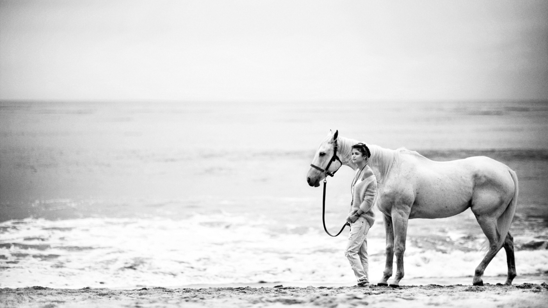 beach girl wallpaper,horse,white,photograph,black and white,sea