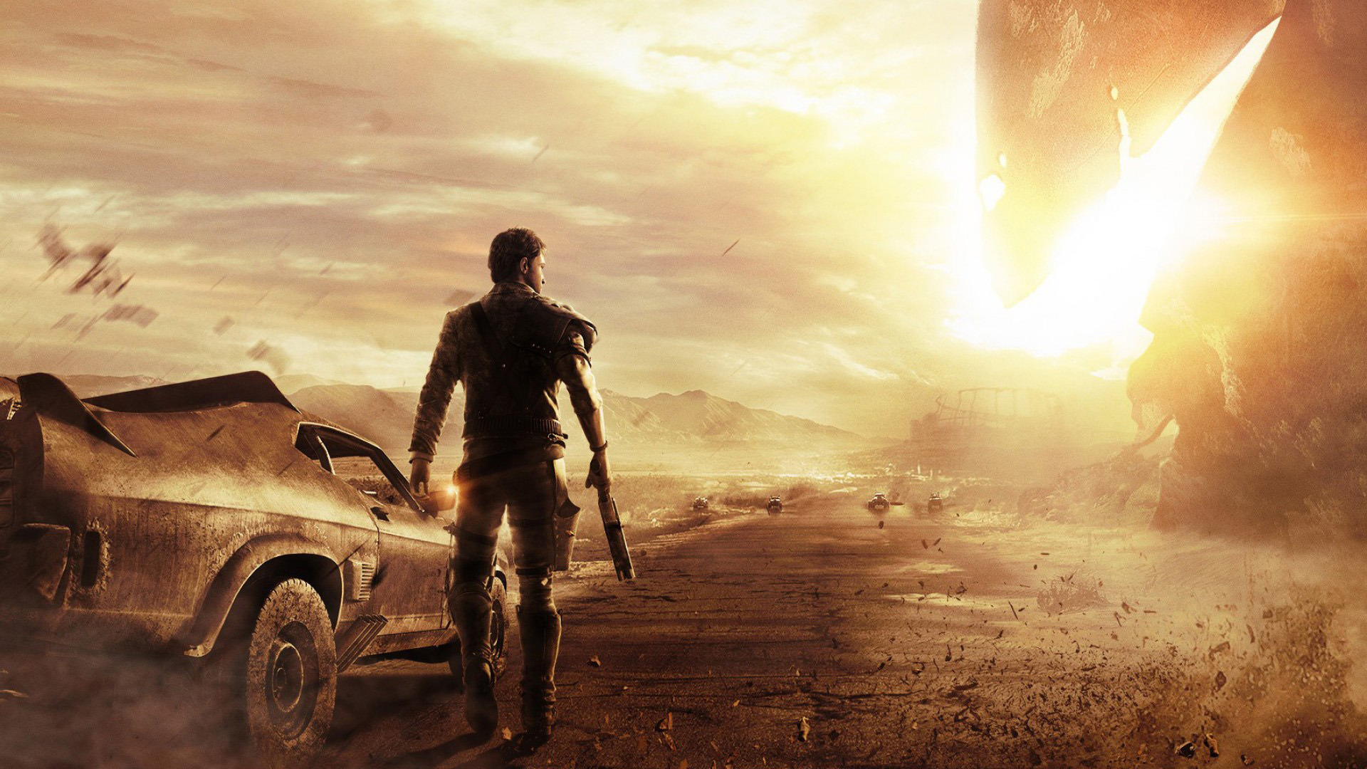 mad max game wallpaper,vehicle,landscape,car,dust,digital compositing