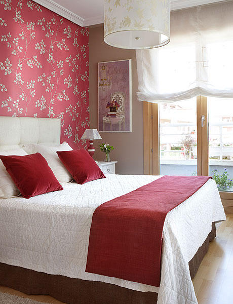 wallpaper in bedroom on one wall,bedroom,bed,furniture,bed sheet,room