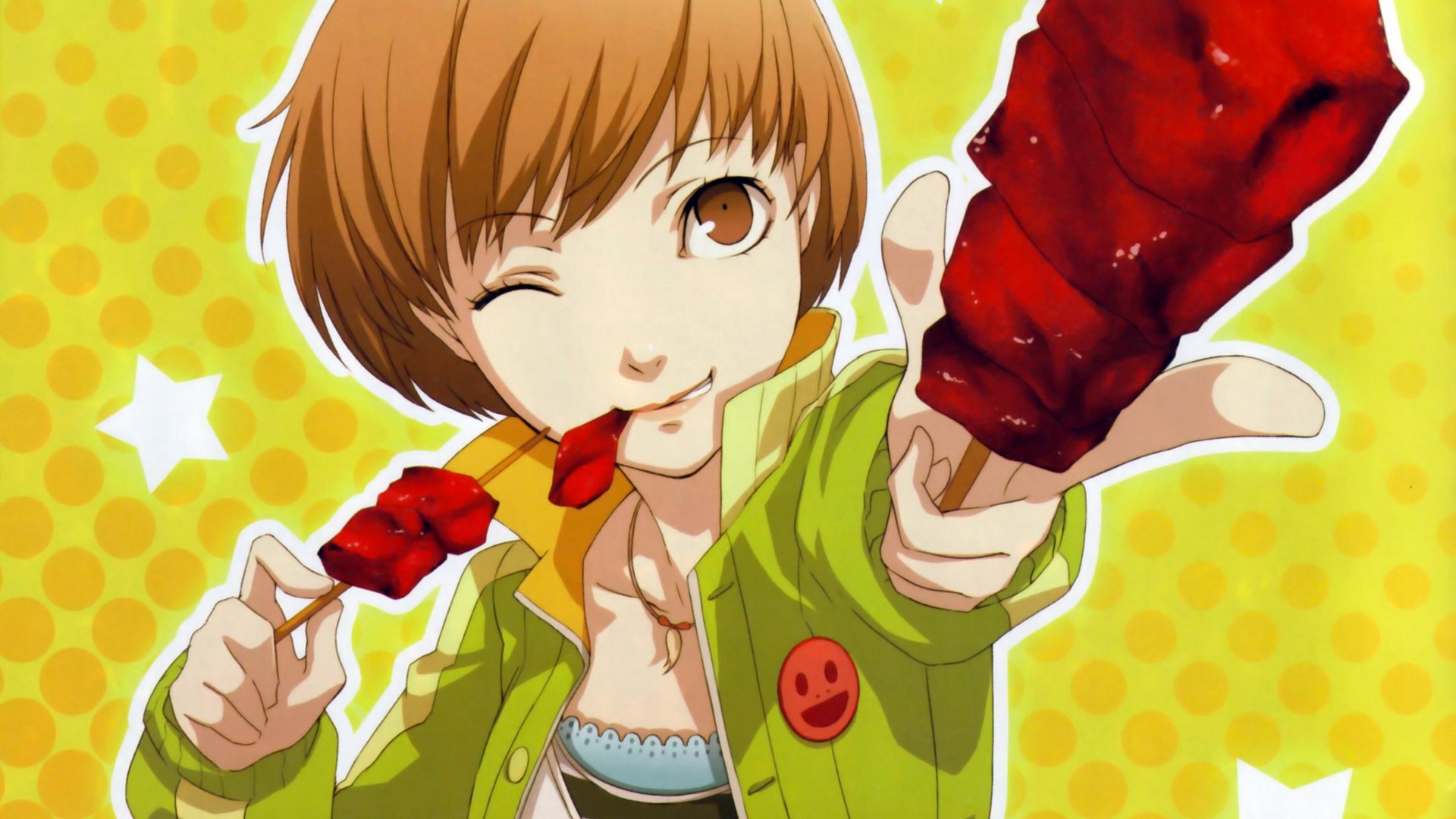 persona 4 phone wallpaper,cartoon,anime,illustration,brown hair,cg artwork