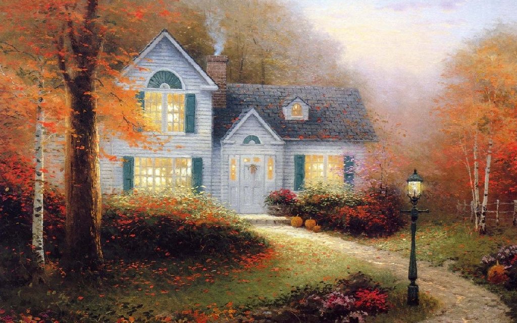家の甘い家の壁紙,ペインティング,自然の風景,家,家,葉