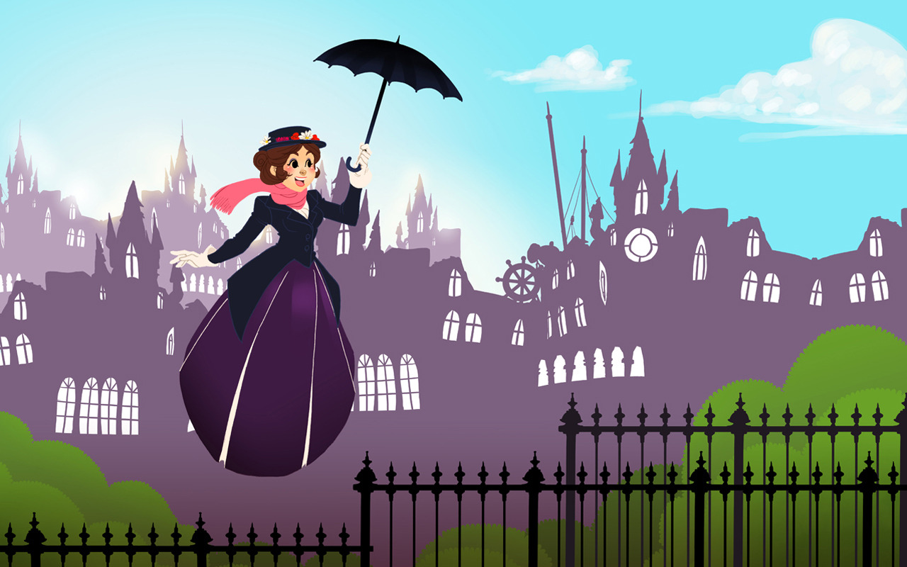 mary poppins wallpaper,animierter cartoon,illustration,regenschirm,erfundener charakter,kunst