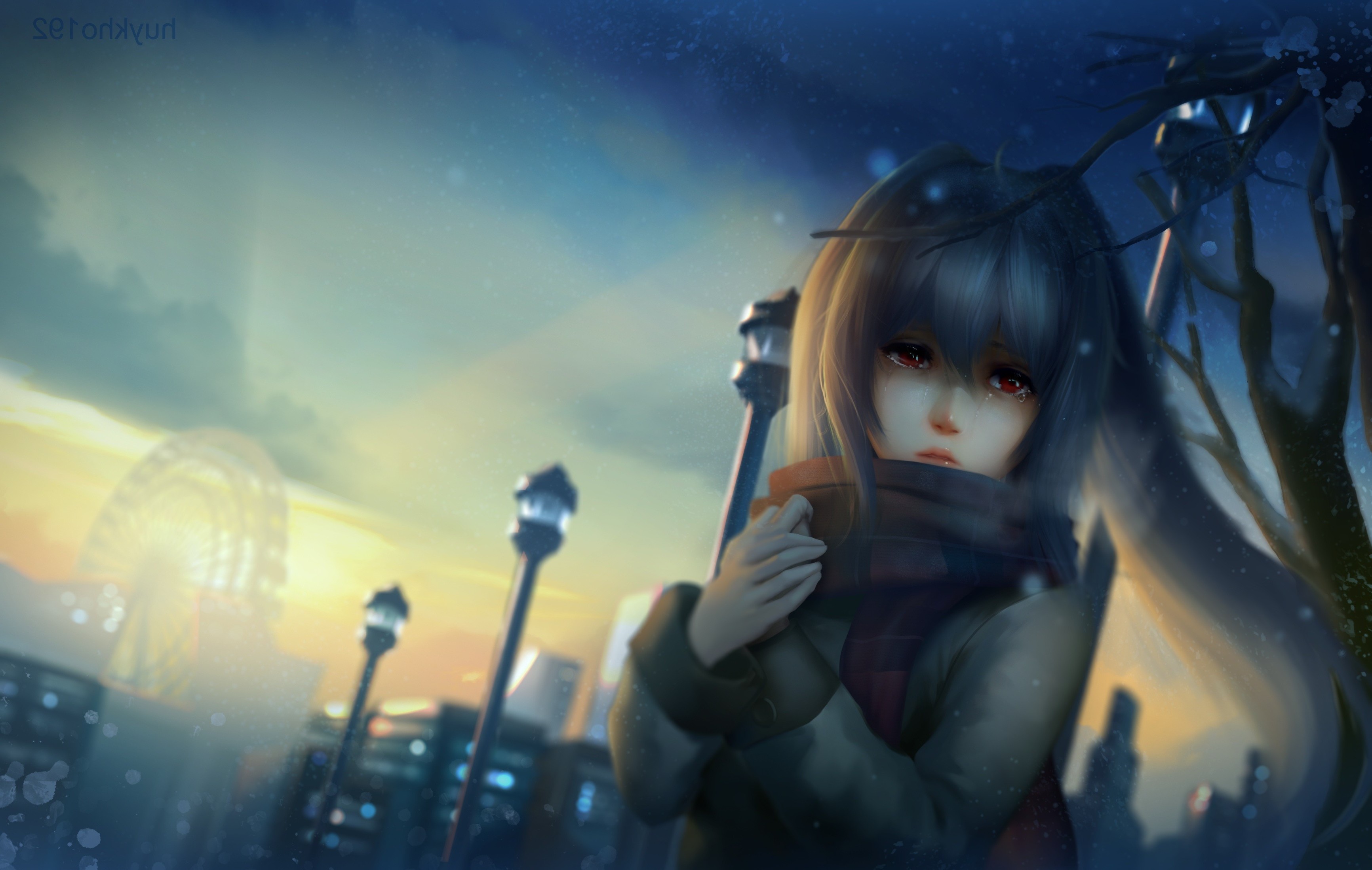 crying girl wallpaper,cg artwork,anime,sky,black hair,adventure game