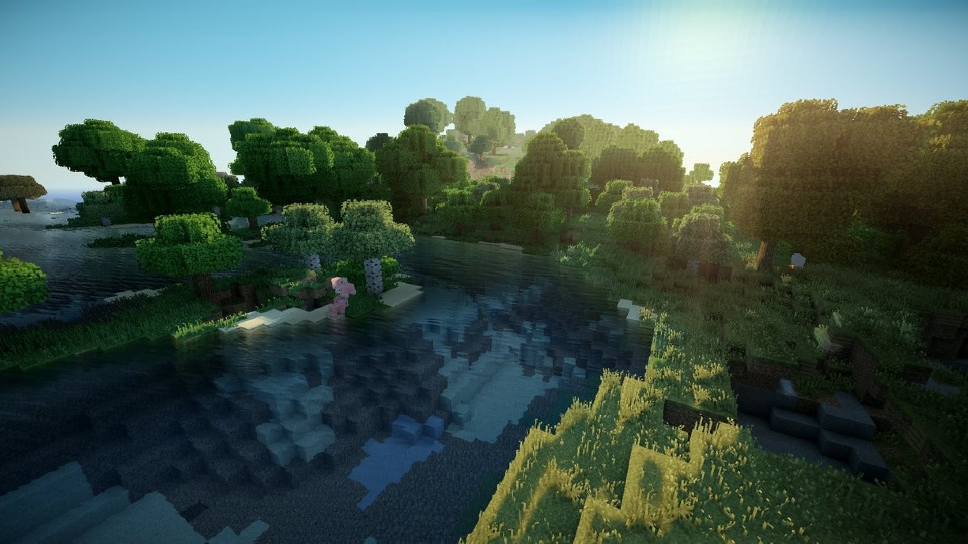 minecraft wallpaper 1920x1080,nature,biome,natural landscape,reflection,water