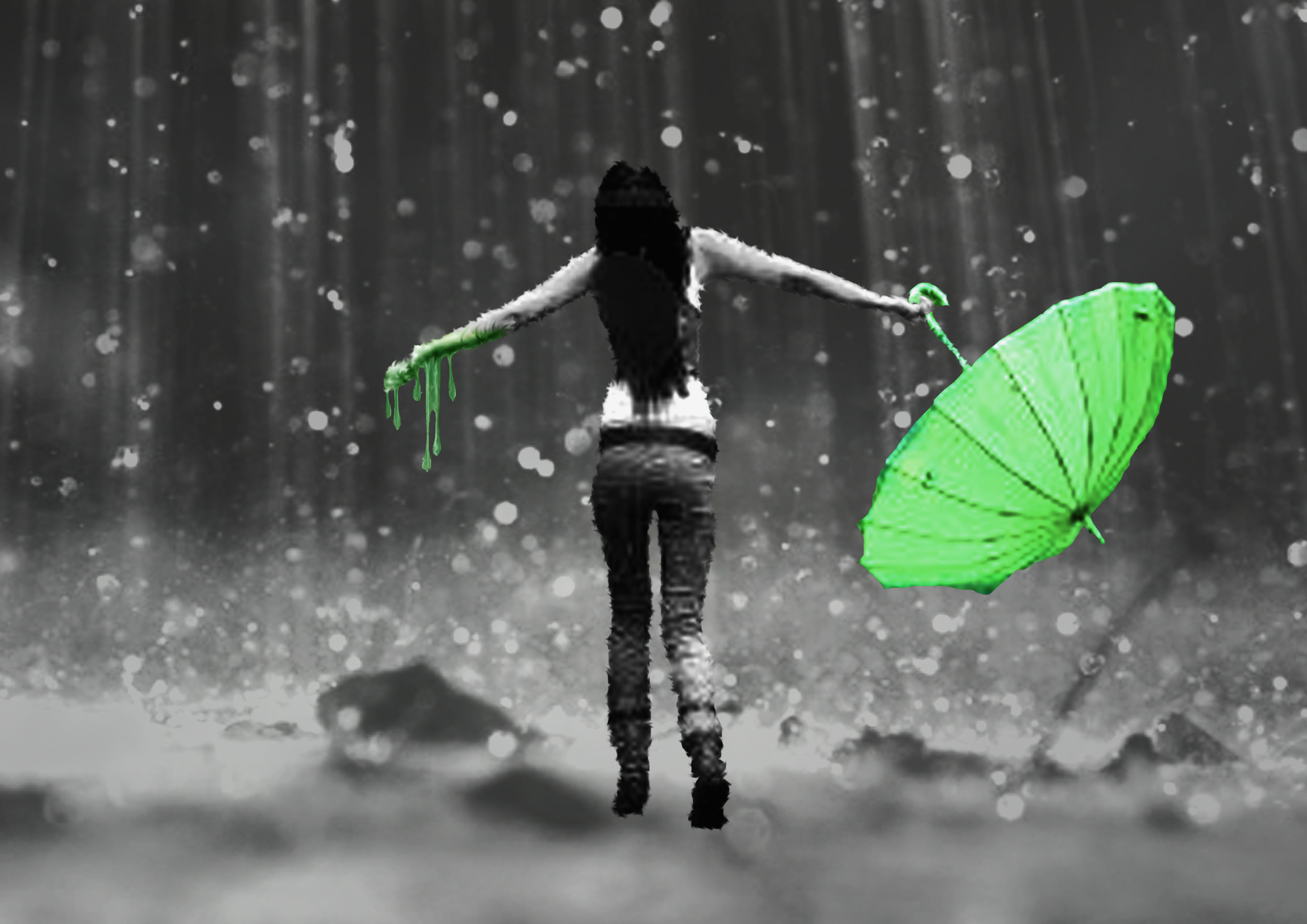 ragazza in pioggia sfondo,verde,ombrello,nero,natura,fotografia