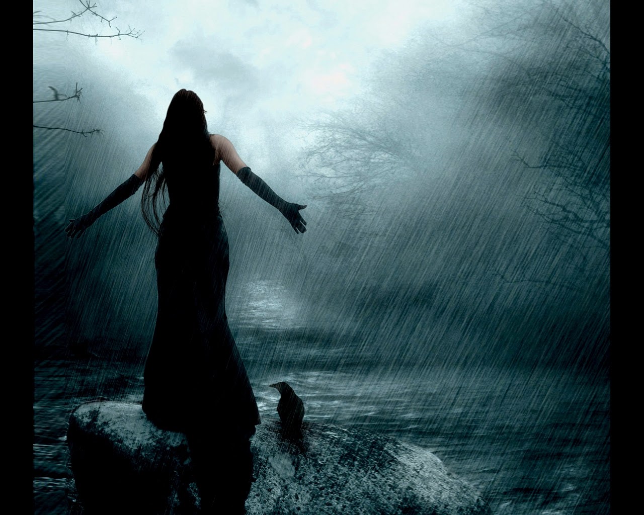 雨の壁紙の女の子,水,空,闇,写真撮影,雰囲気