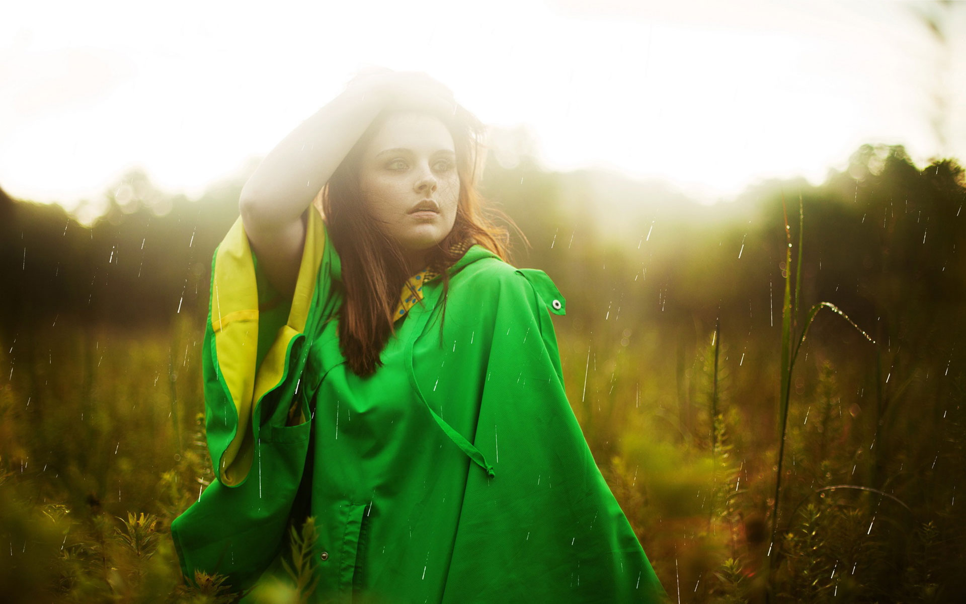 girl in rain wallpaper,green,people in nature,nature,sunlight,light