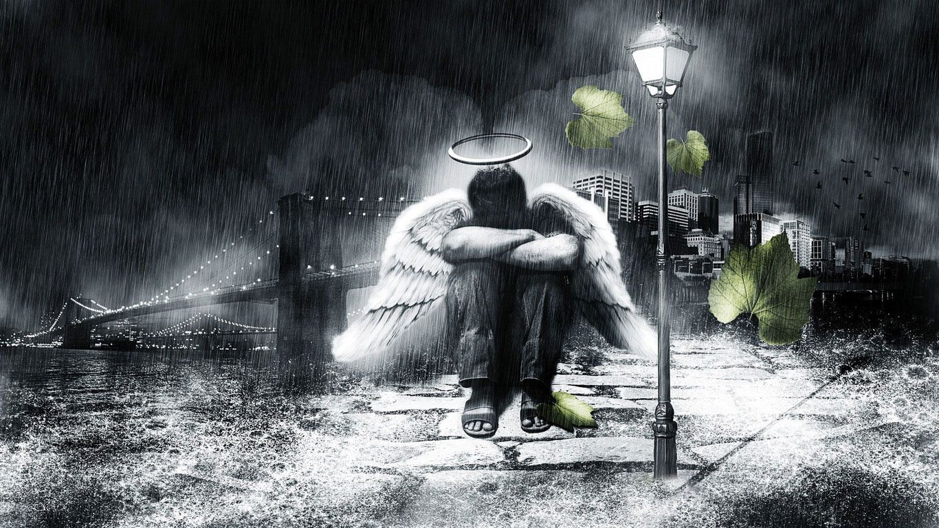 sad rain wallpaper,photography,black and white,rain,illustration,fictional character