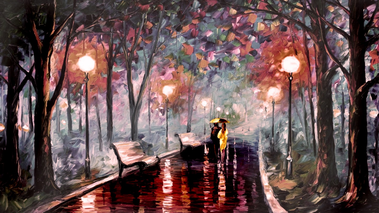 rain romantic wallpaper,painting,tree,natural landscape,watercolor paint,art