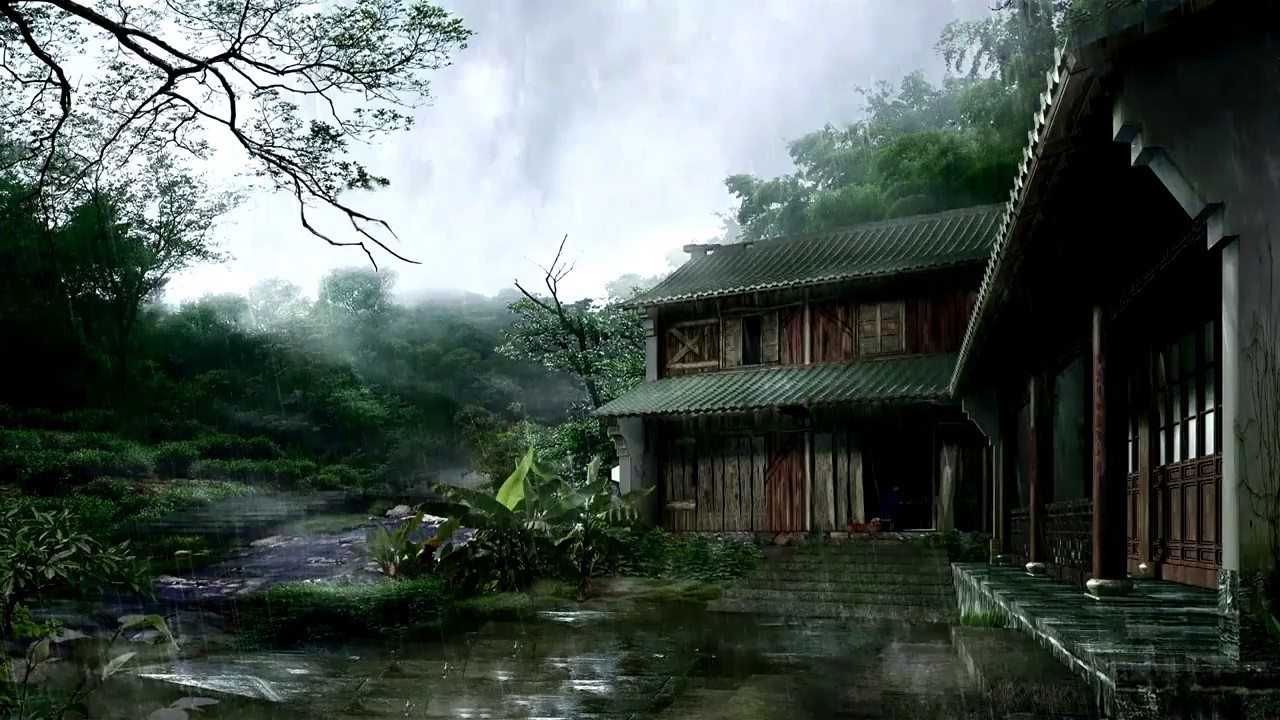 雨のアニメーション壁紙,自然,自然の風景,家,密林,木