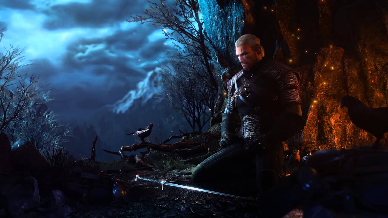 witcher 3 animated wallpaper,darkness,screenshot,tree,fictional character,night