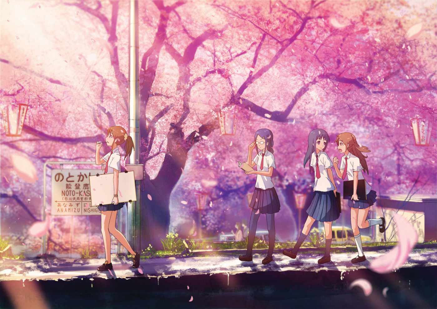 애니메이션 학교 벽지,분홍,보라색,제비꽃,하늘,봄