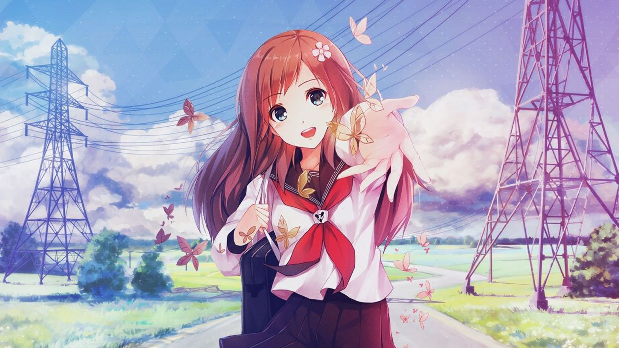 anime school wallpaper,anime,cartoon,cg artwork,long hair,sky