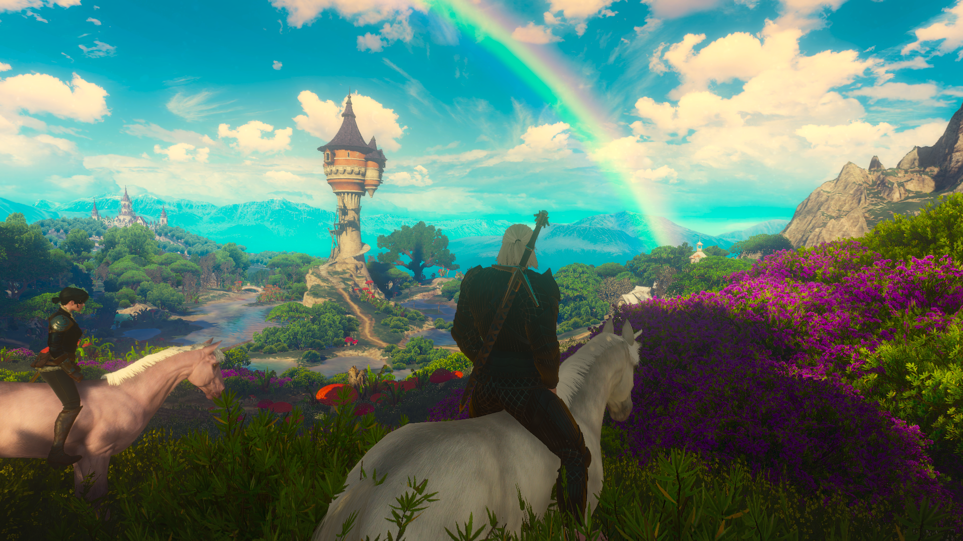 the witcher 3 sangre y vino fondo de pantalla,arco iris,naturaleza,cielo,nube,paisaje