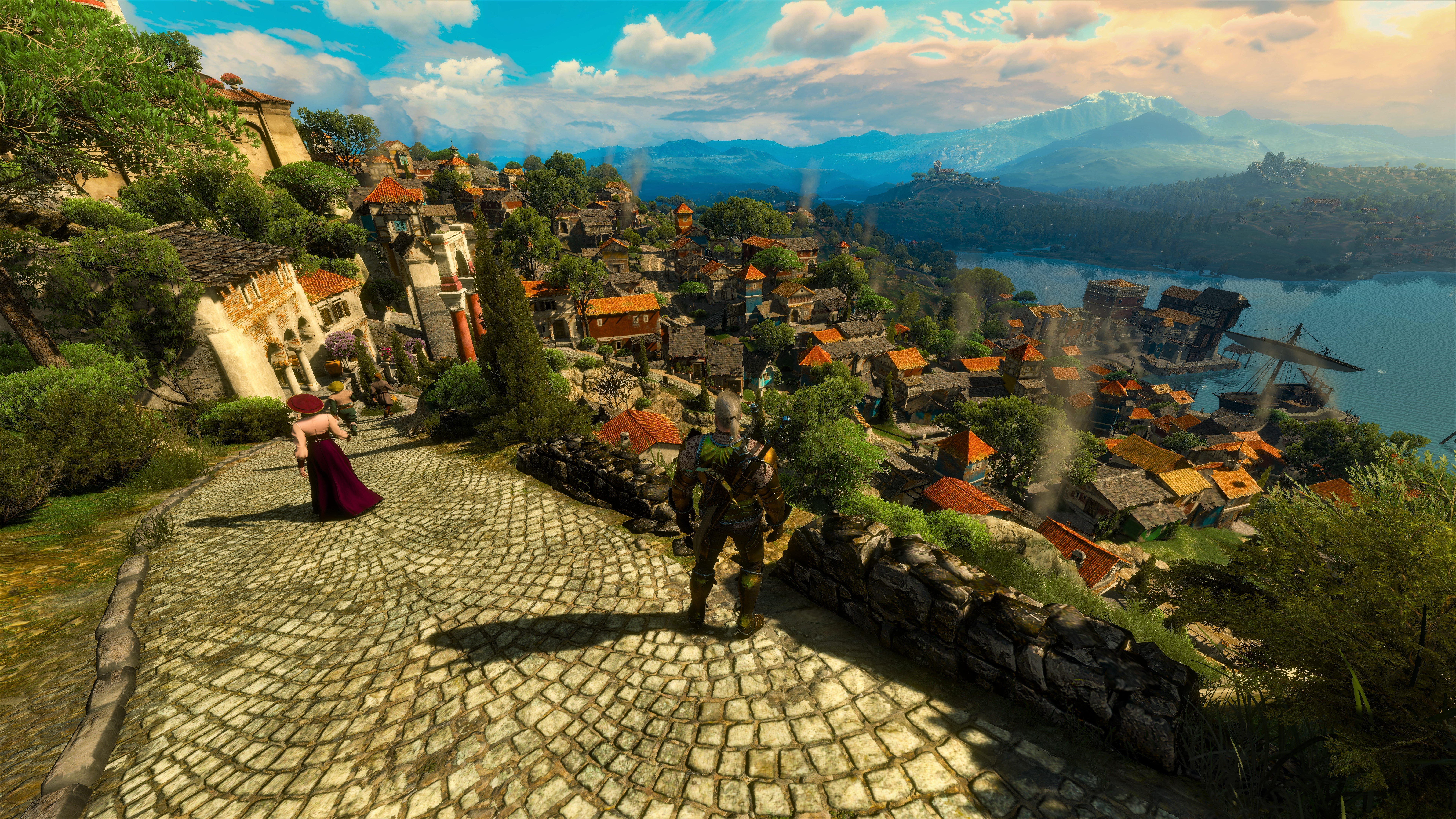 the witcher 3 blood and wine wallpaper,town,sky,human settlement,mountain,tree
