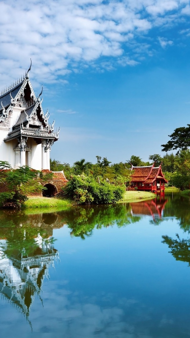 thailand iphone wallpaper,nature,natural landscape,reflection,temple,waterway