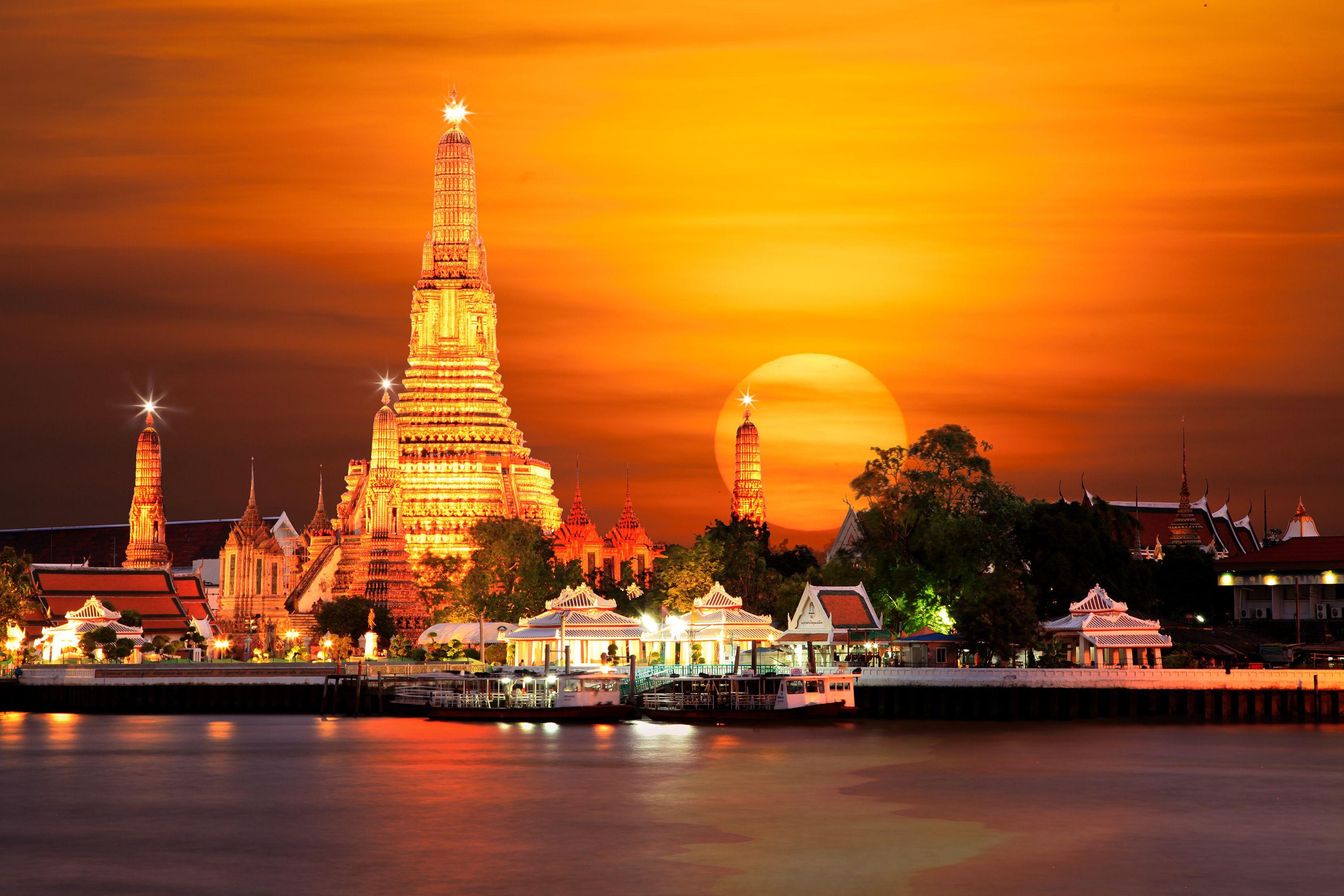 bangkok wallpaper hd,landmark,sky,temple,place of worship,reflection